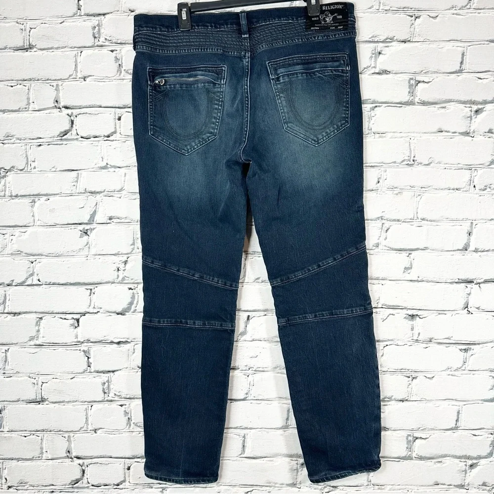 True Religion Men’s Rocco Relaxed Skinny Moto Medium Wash Blue Jeans 36x28 Y2k
